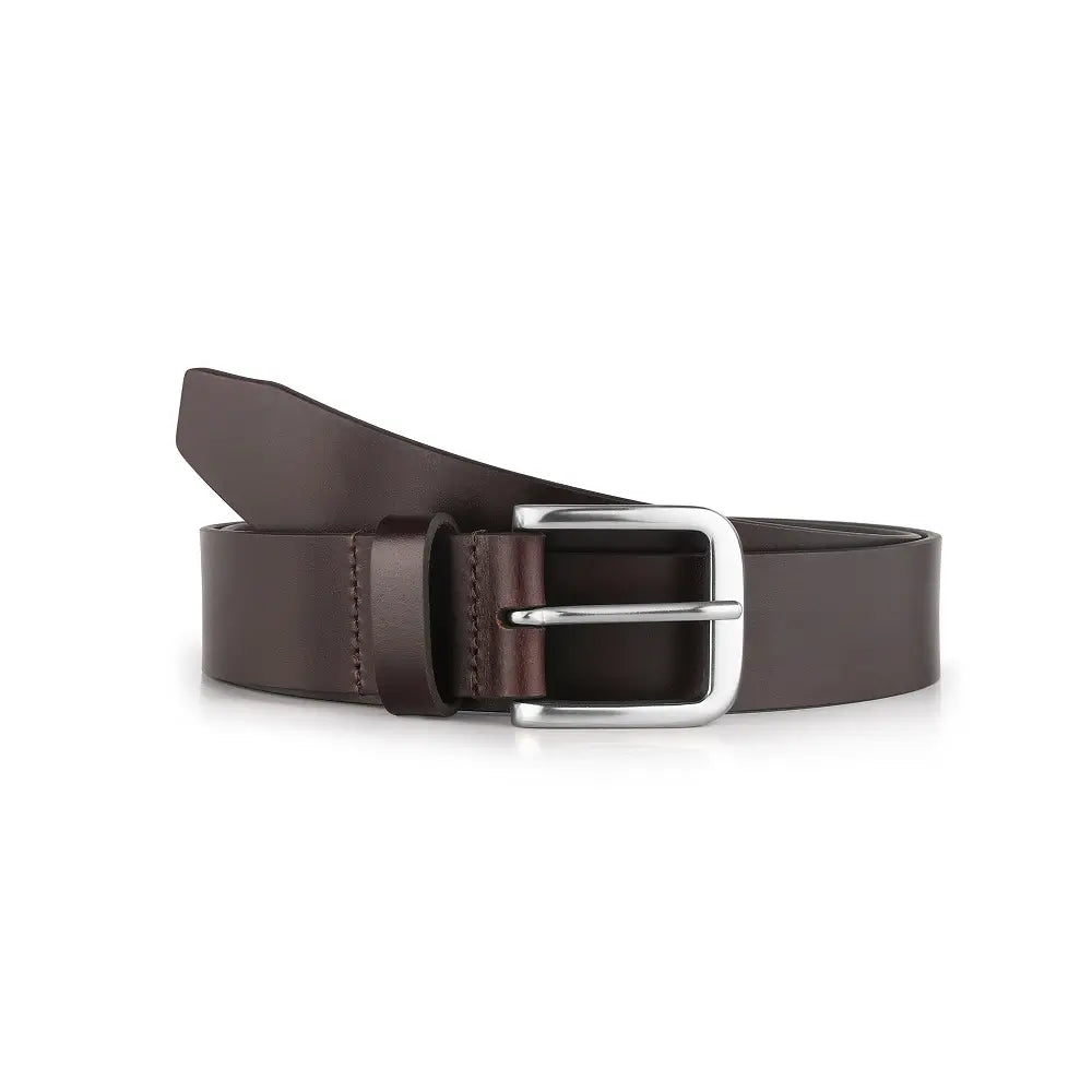 Brown leather belt with a silver buckle on a white background