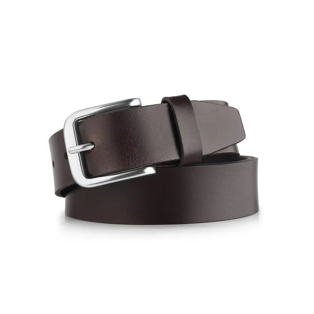 Brown leather belt with a silver buckle on a white background