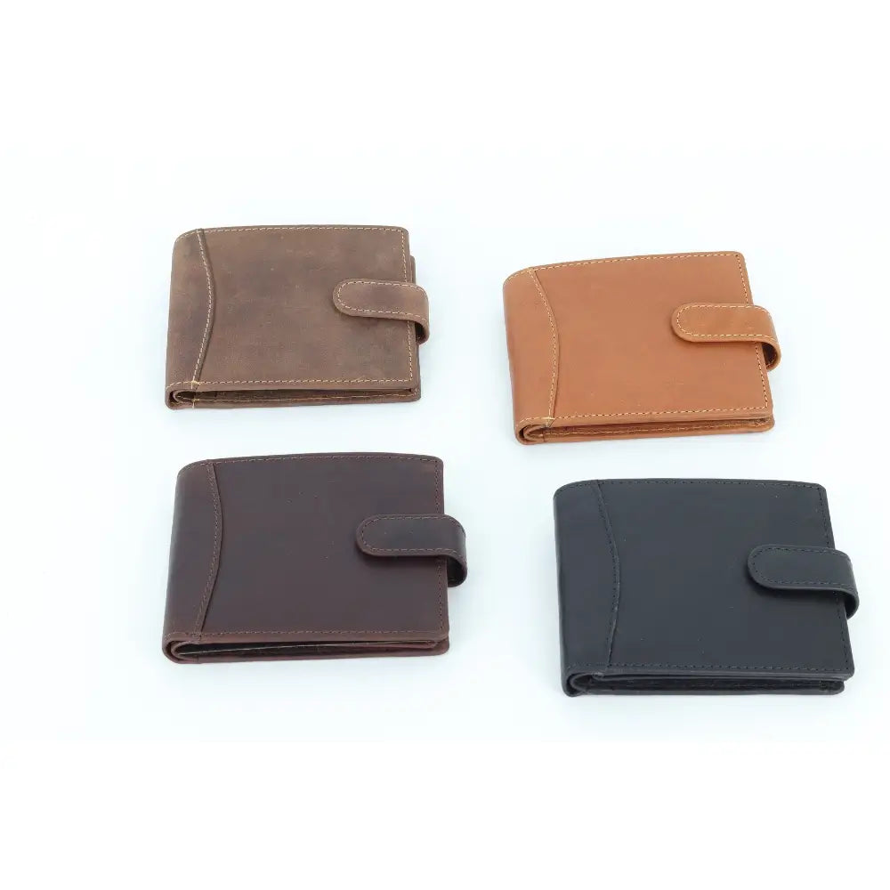 Four leather wallets in different colors on a white background