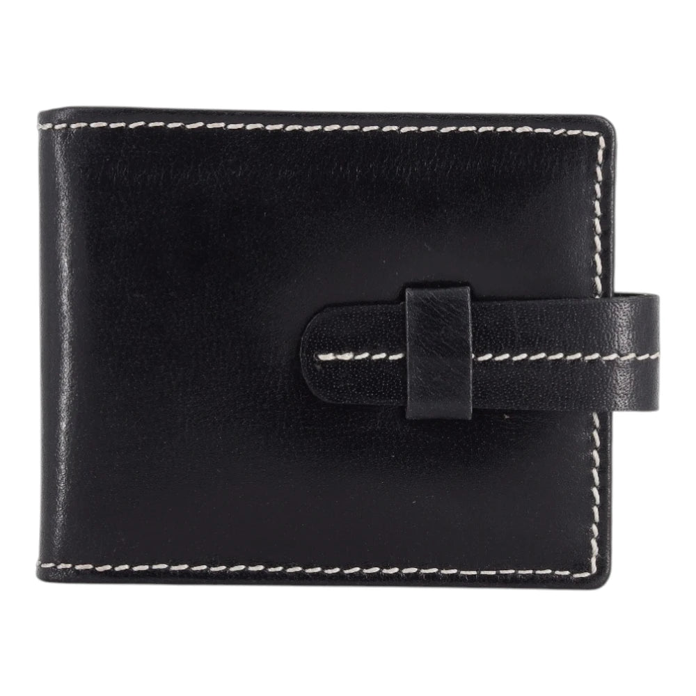 Front view of Black leather wallet with white stitching on a white background