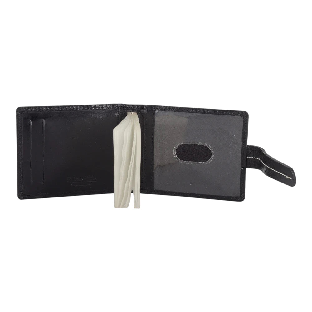 Open view of Black leather wallet open on a white background