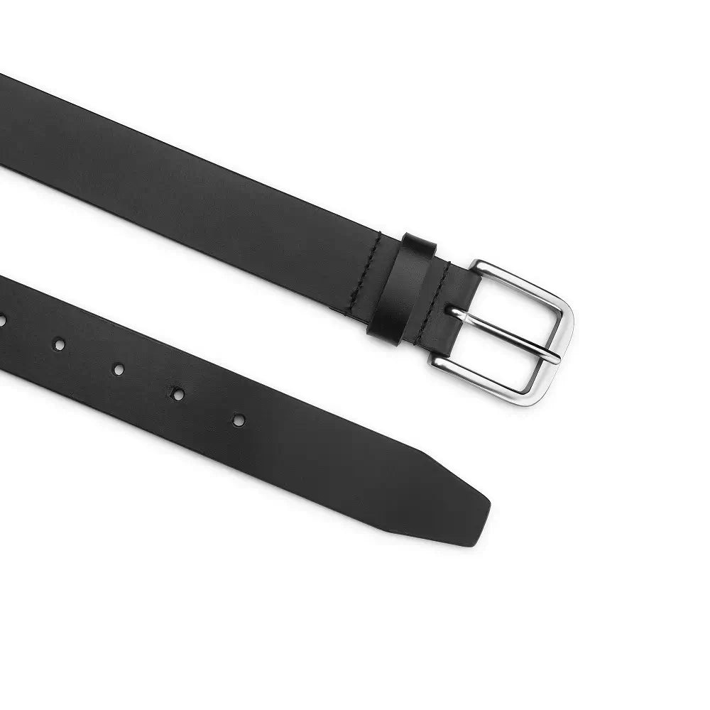Top angle of Black leather belt with a silver buckle on a white background