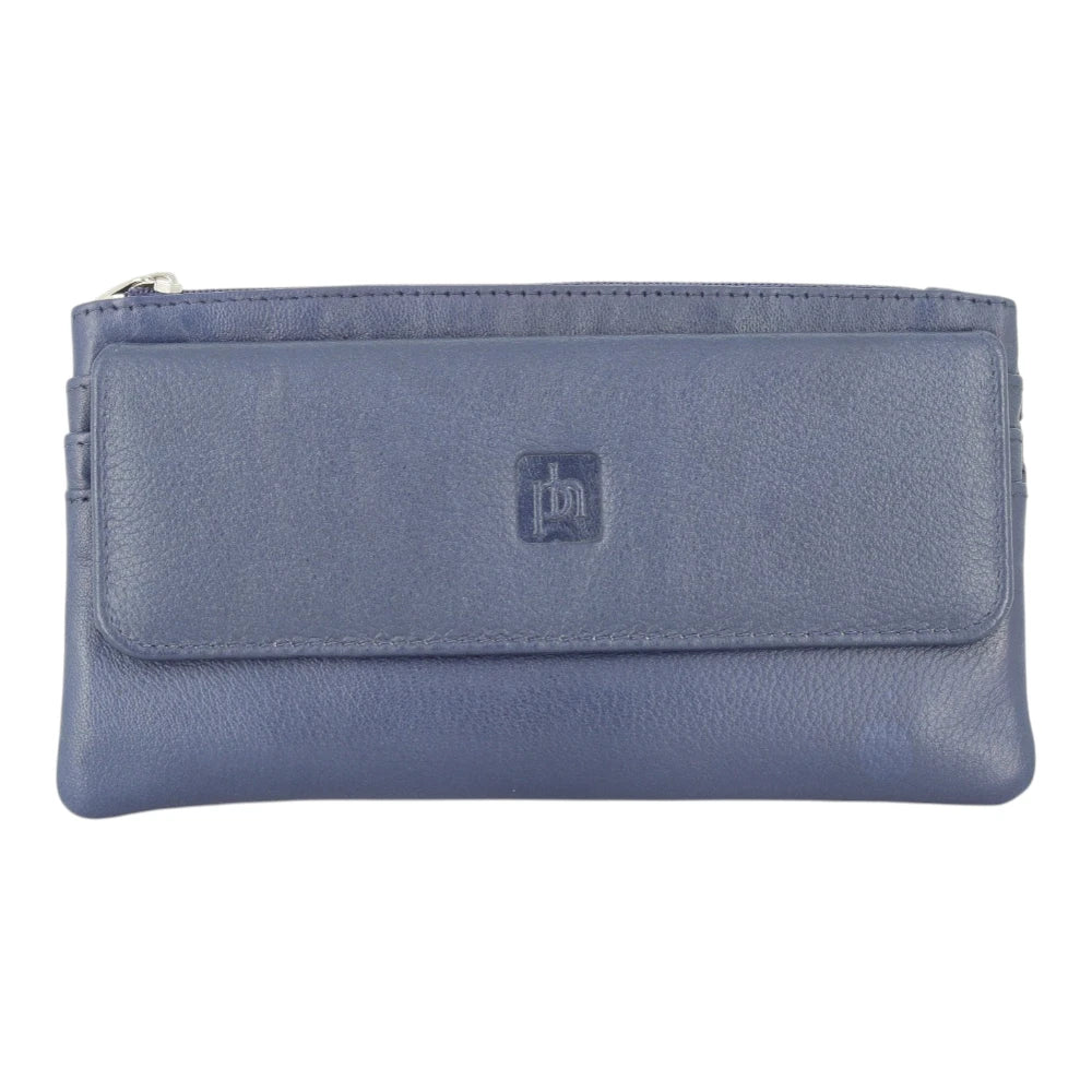 Front view of Purple purse with a brand logo on a white background