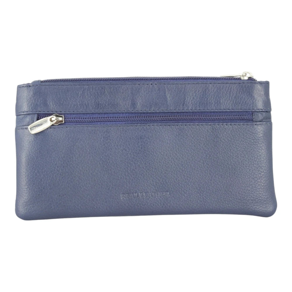 Back view of Navy Purse  with a zipper on a white background