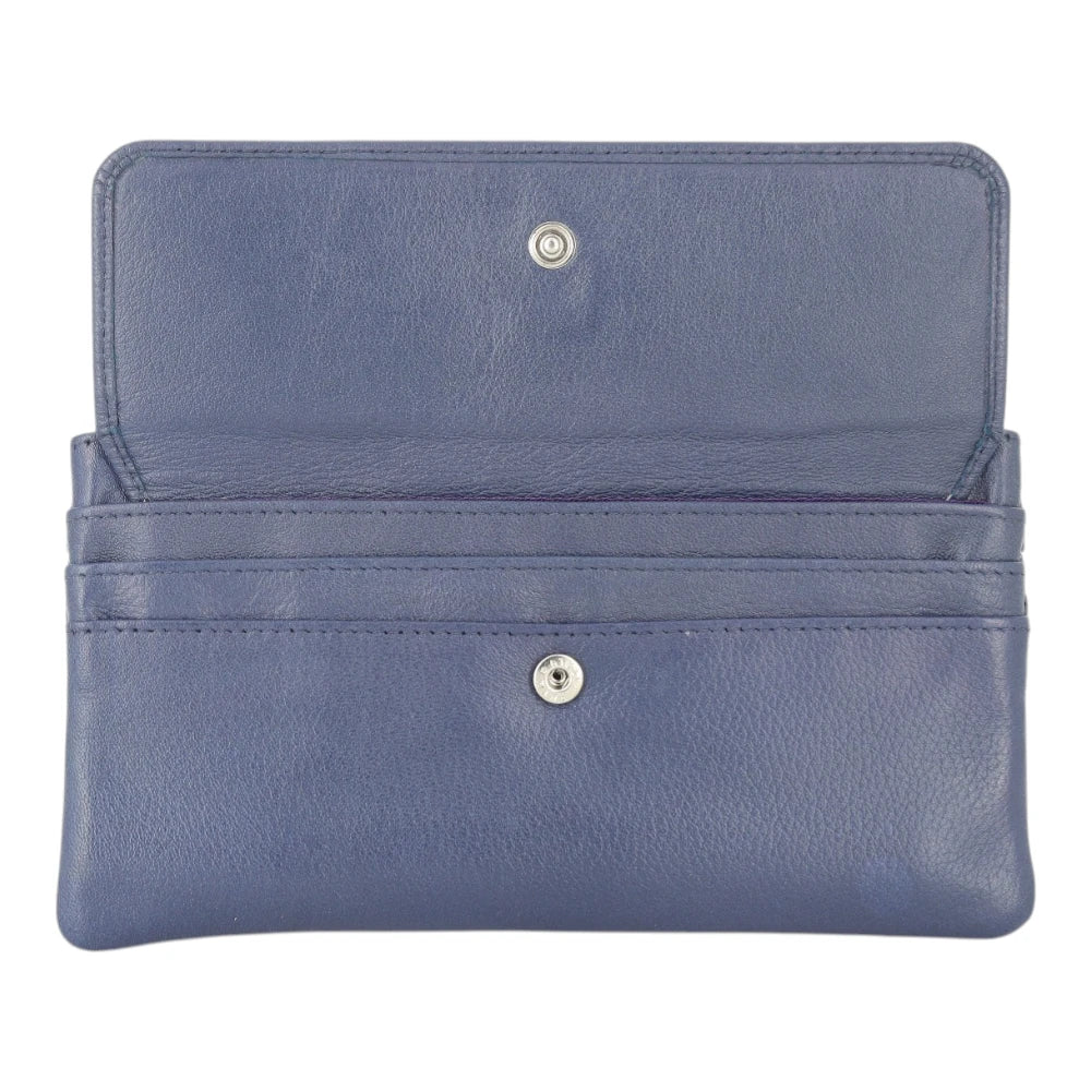 Open view of Navy Purse with button closures on a white background
