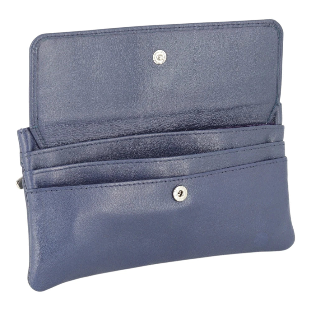 Open view of Navy purse with button closures on a white background