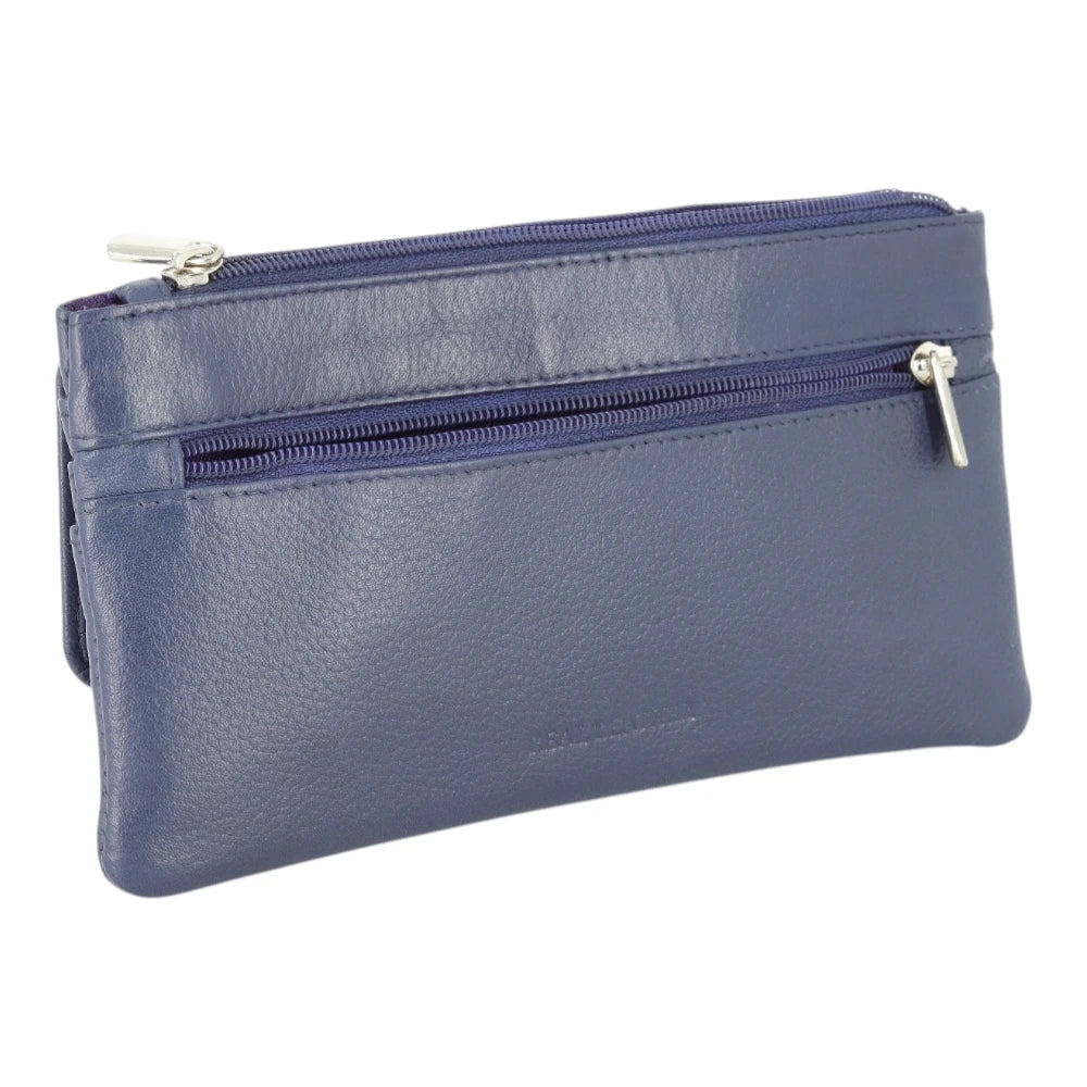 Navy  leather purse with a zipper on a white background