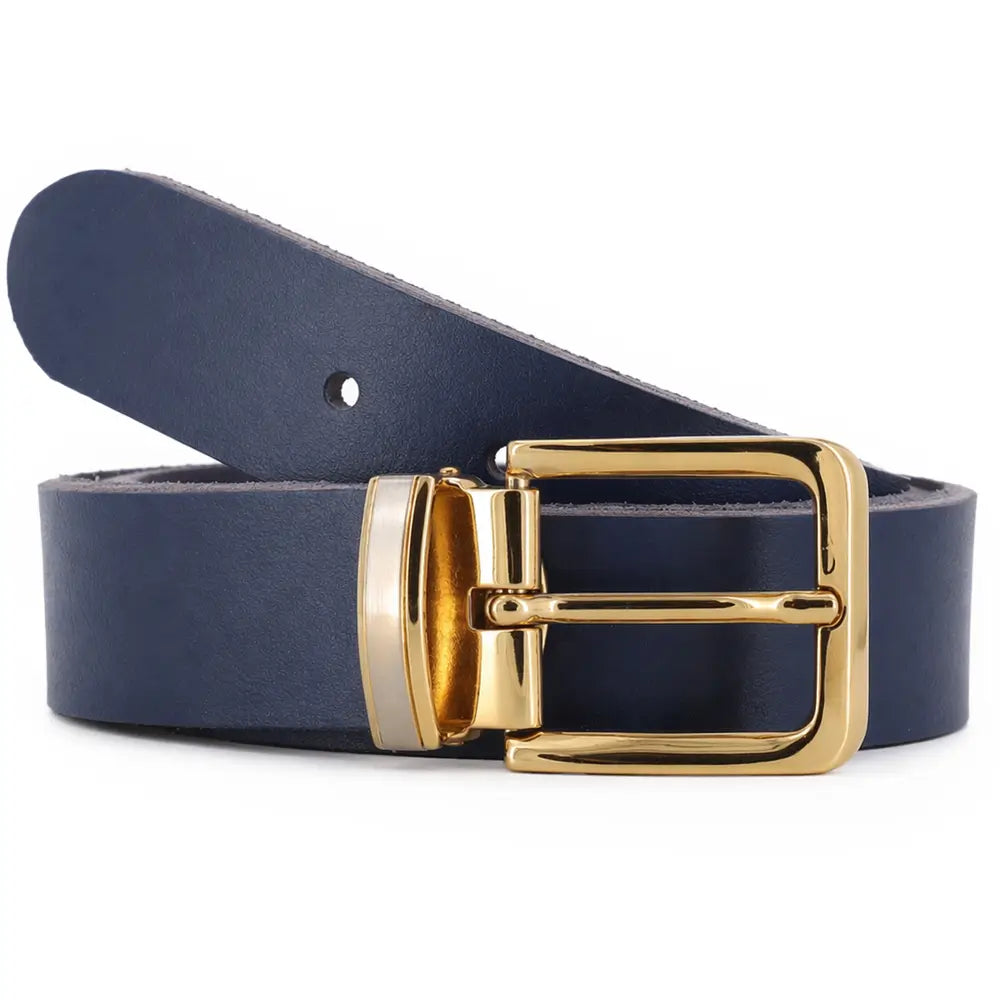 Front view of Navy belt with a gold buckle on a white background