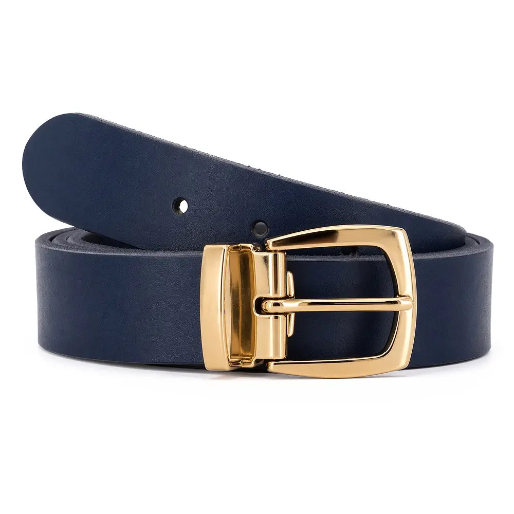 Navy leather belt with a gold buckle on a white background