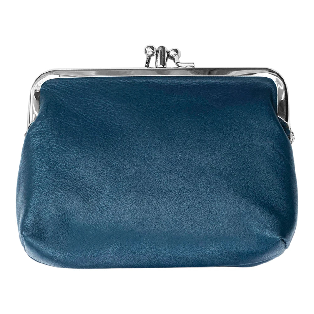 Navy leather clutch bag with a silver clasp on a white background
