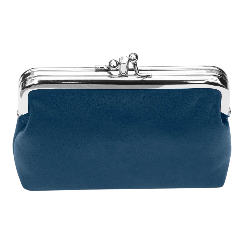 Navy  clutch purse with a silver clasp on a white background