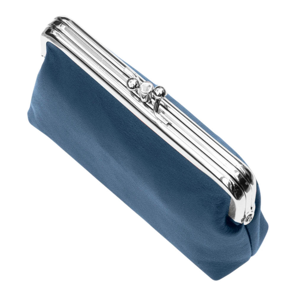 Navy  clutch purse with a silver frame on a white background