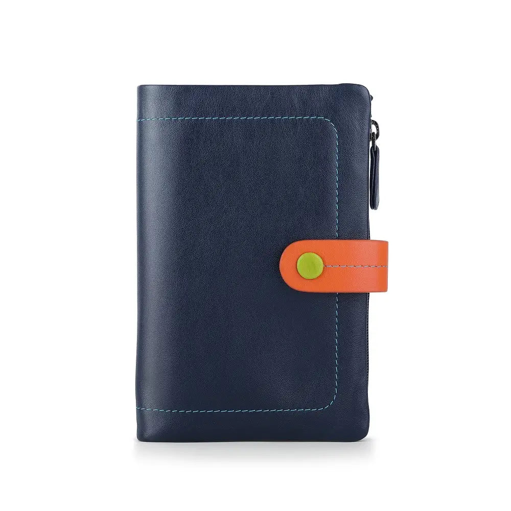 Navy leather wallet with an orange strap and green button on a white background