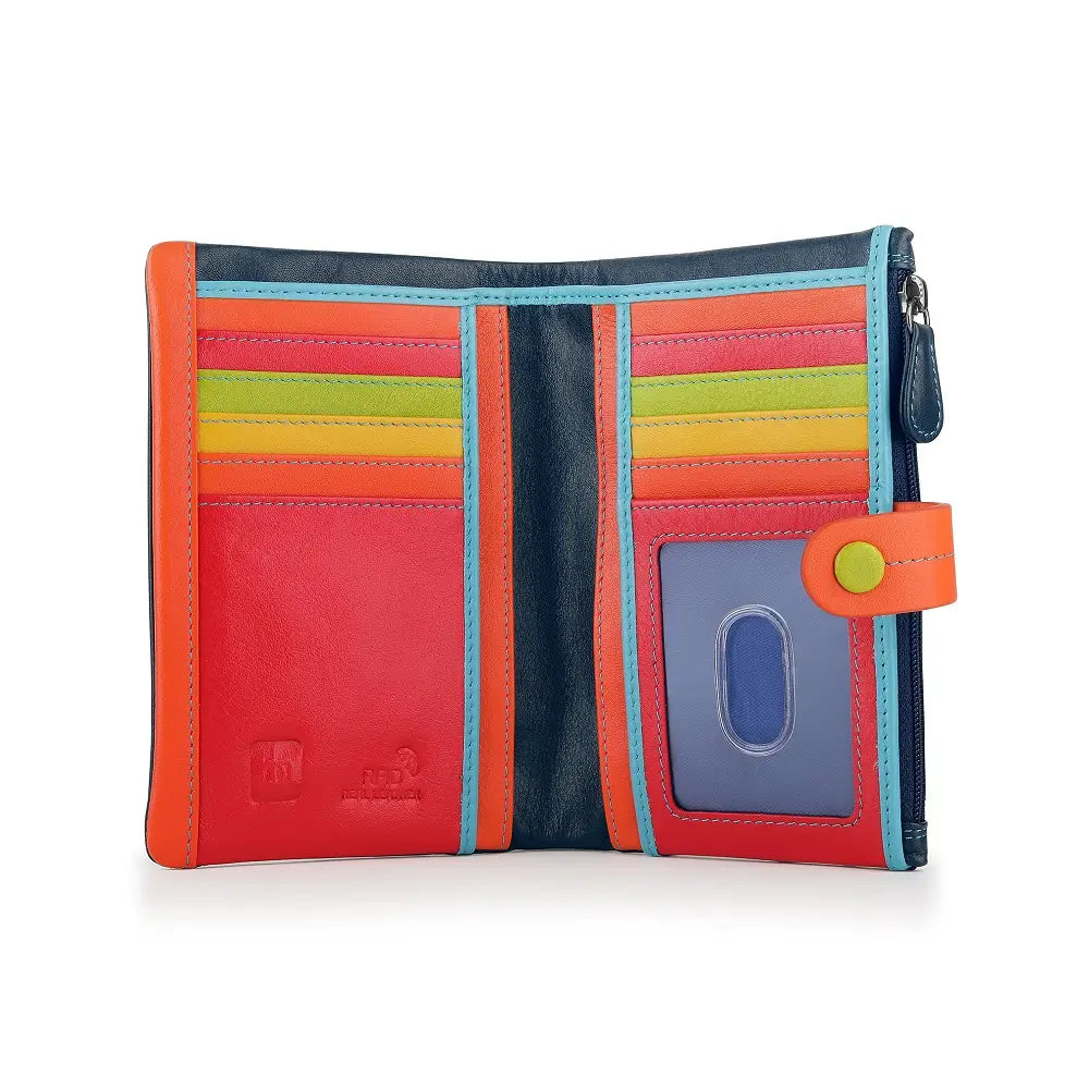 Navy wallet with a striped pattern on a white background