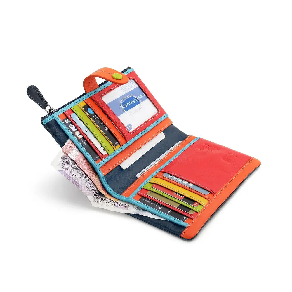 Navy wallet with various cards and money on a white background