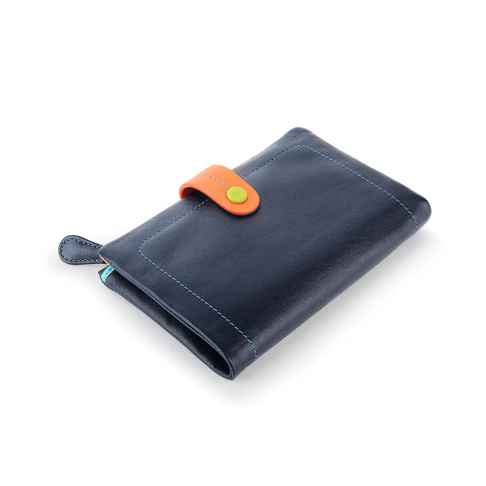 Navy wallet with an orange and green tag on a white background