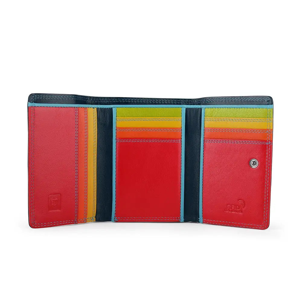 Navy wallet with red, yellow, green, and blue stripes on a white background
