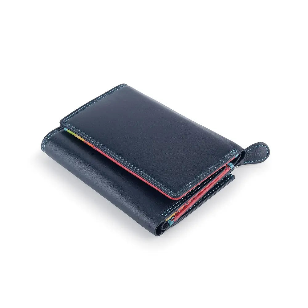 Navy leather wallet with a red interior on a white background