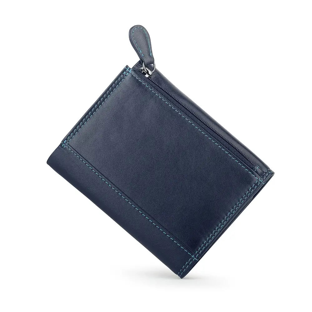Navy leather zippered pouch on a white background