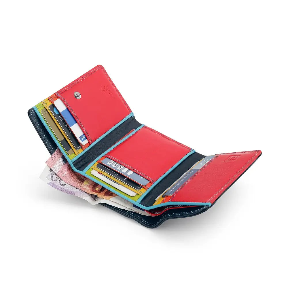Navy wallet with card slots and money compartments on a white background