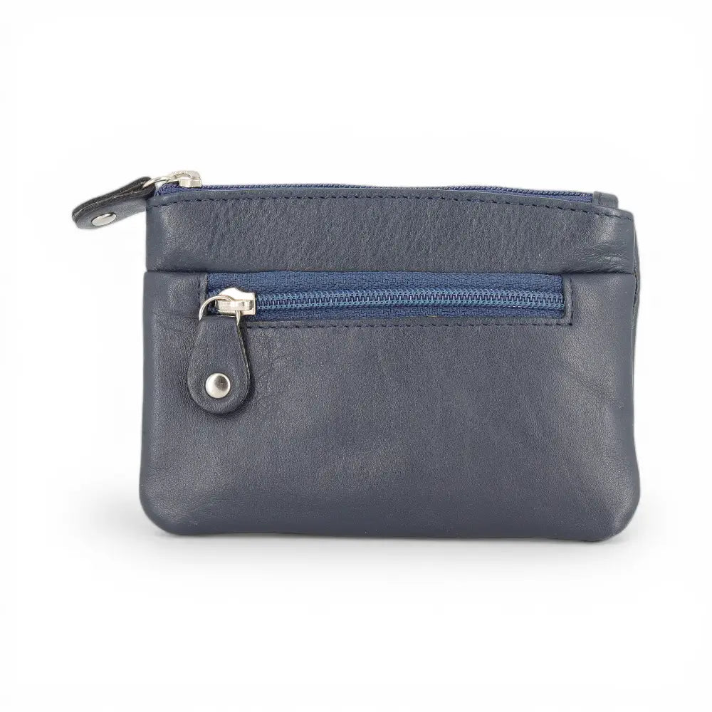 Navy leather wallet with a zipper on a white background