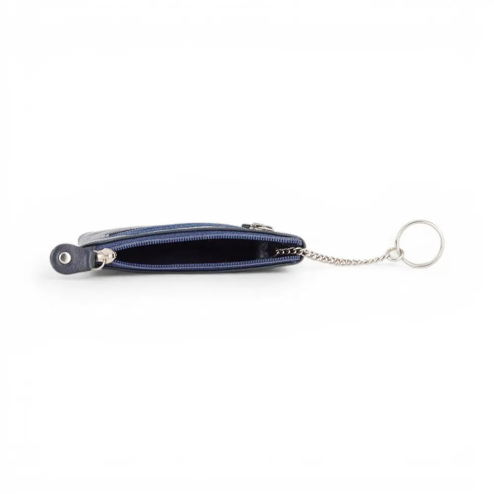 Navy wallet with a chain on a white background