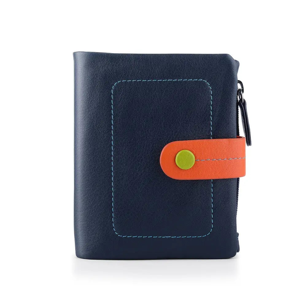 Navy leather wallet with an orange flap and green button on a white background