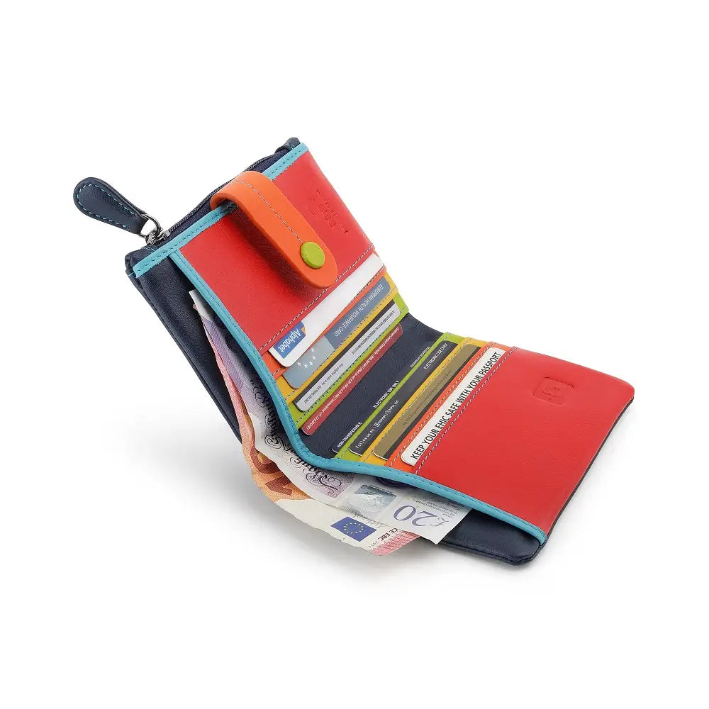 Navywallet with cards and money on a white background