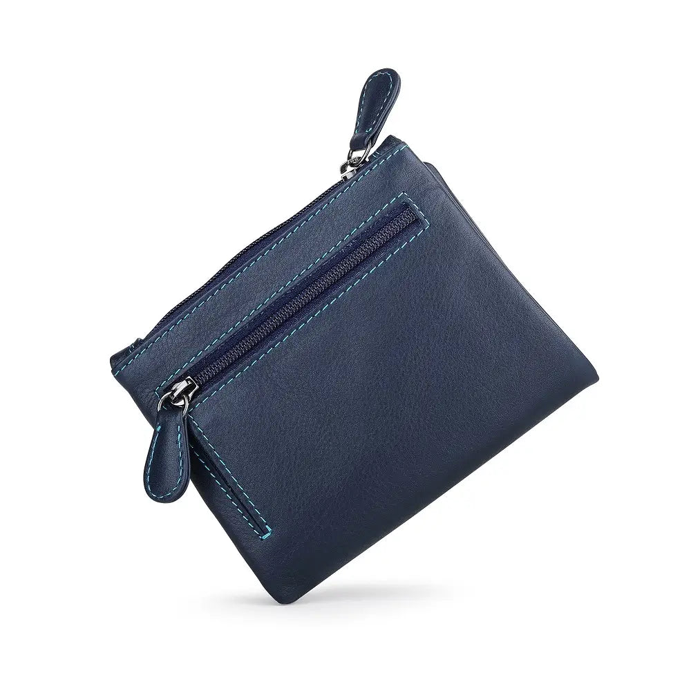 Navy leather wallet with a zipper on a white background