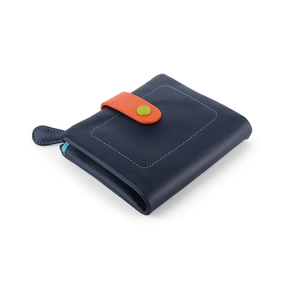 Navy wallet with an orange strap and green button on a white background