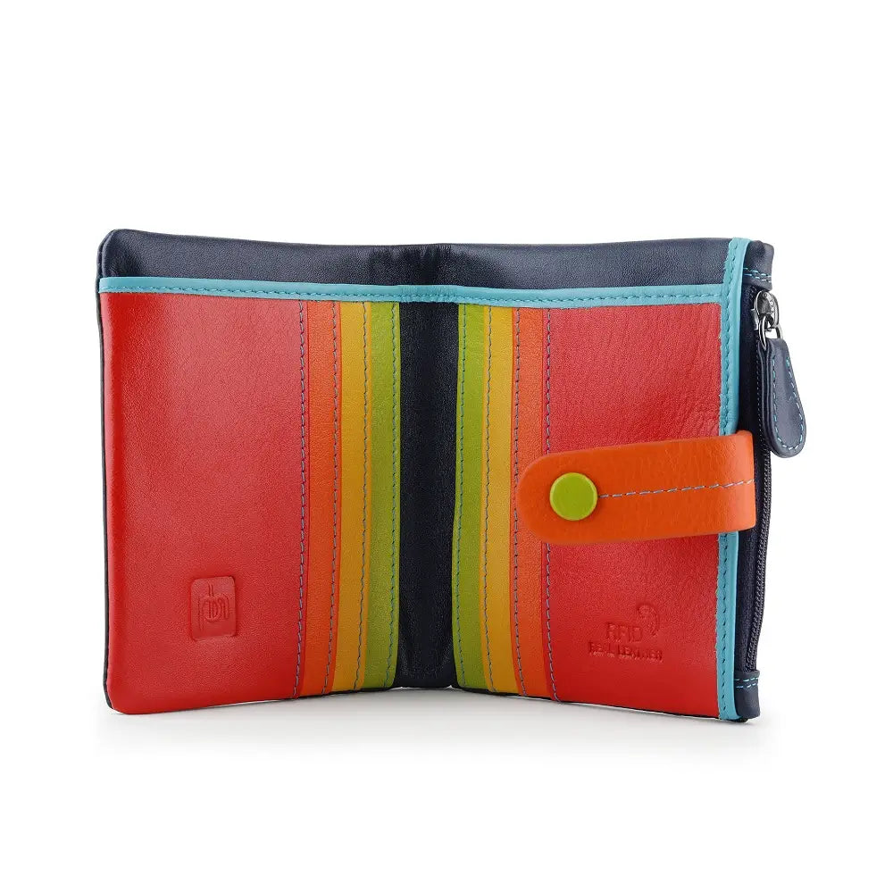 Navy wallet with striped pattern on a white background