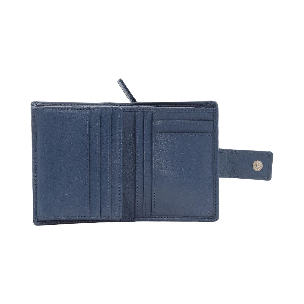 Navy leather purse open on a white background