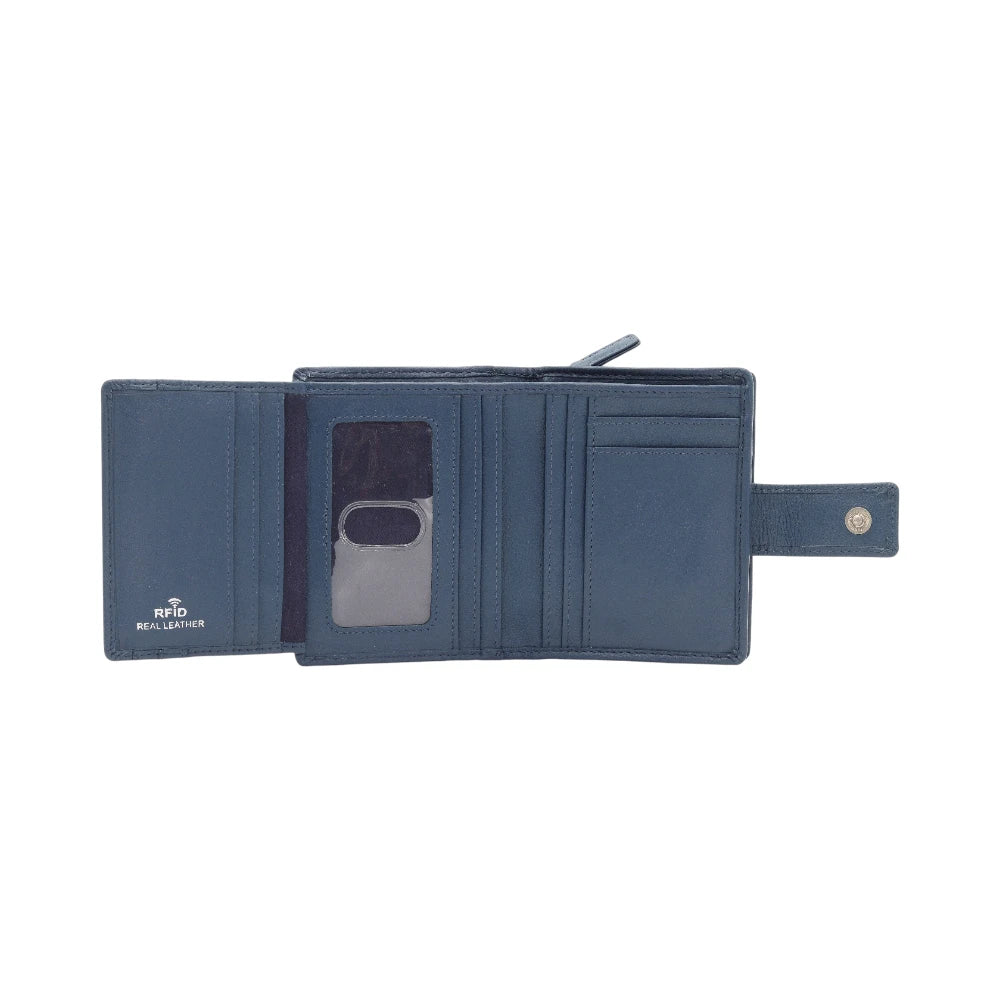 Navy purse with multiple card slots and a pocket on a white background