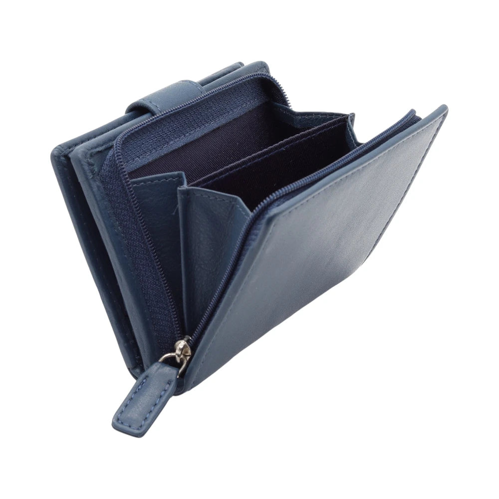 Navy purse with multiple compartments on a white background