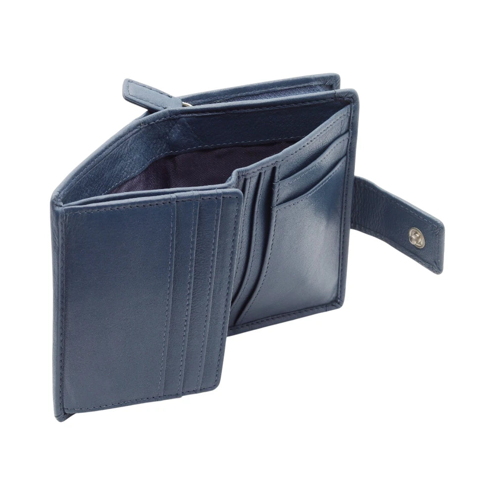 Open view of Navy leather purse on a white background