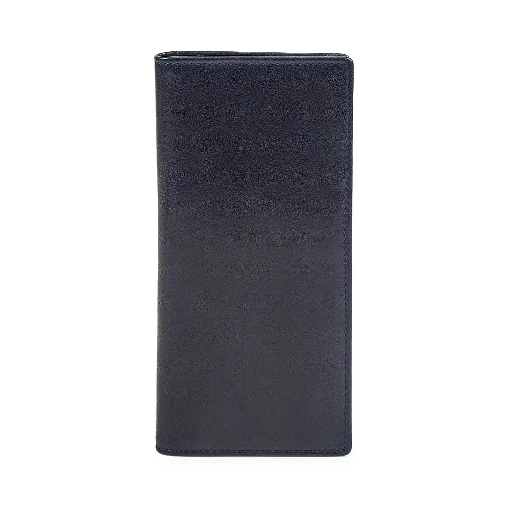 Front view of Navy leather wallet on a white background