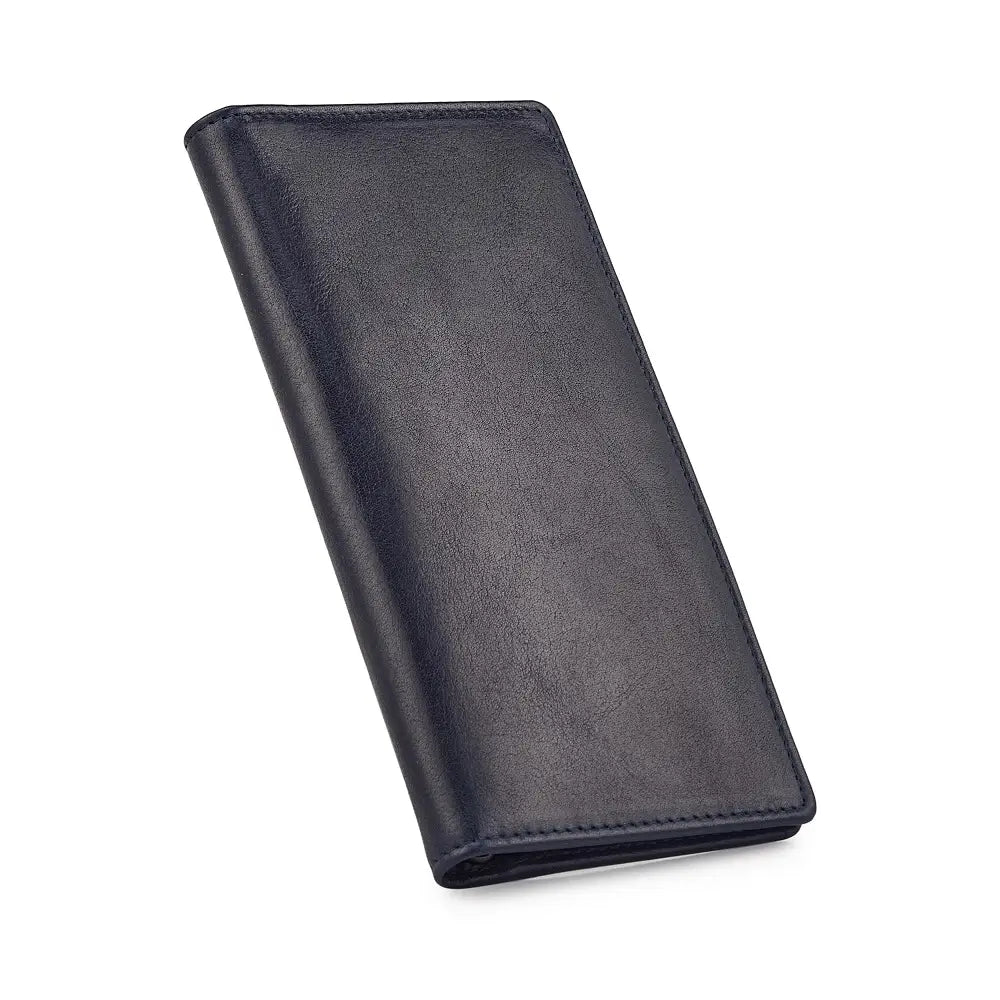 Navy leather wallet on a white background