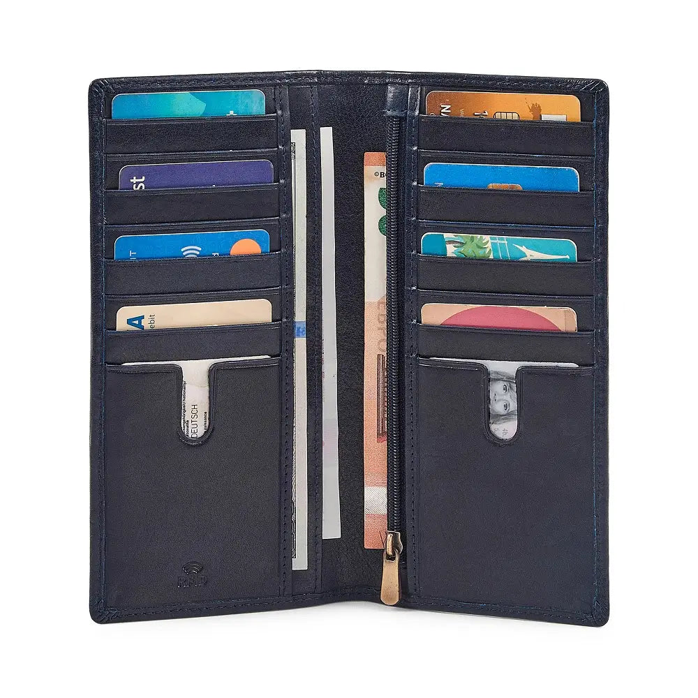 Open navy wallet with various cards and a pen inside on a white background