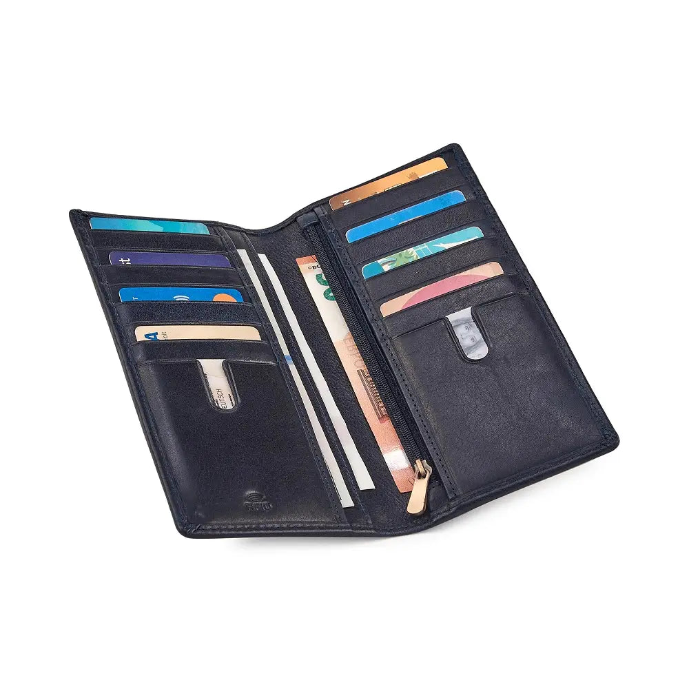 Open navy wallet with various cards and money on a white background