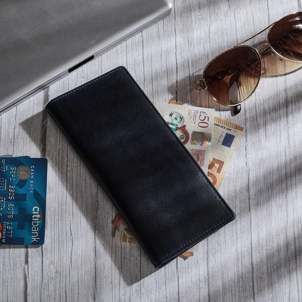 Navy  wallet with sunglasses, money, and a card on a wooden surface