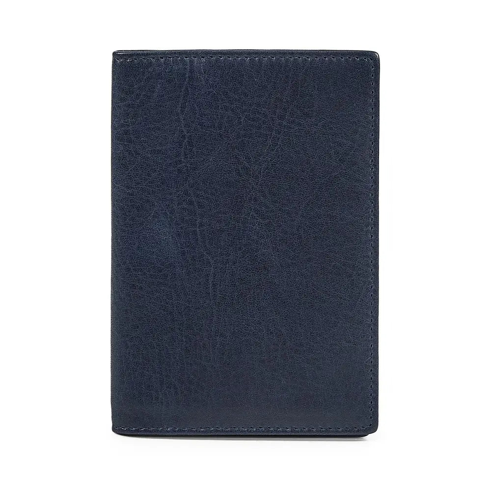 Front view of Navy leather passport holder on a white background