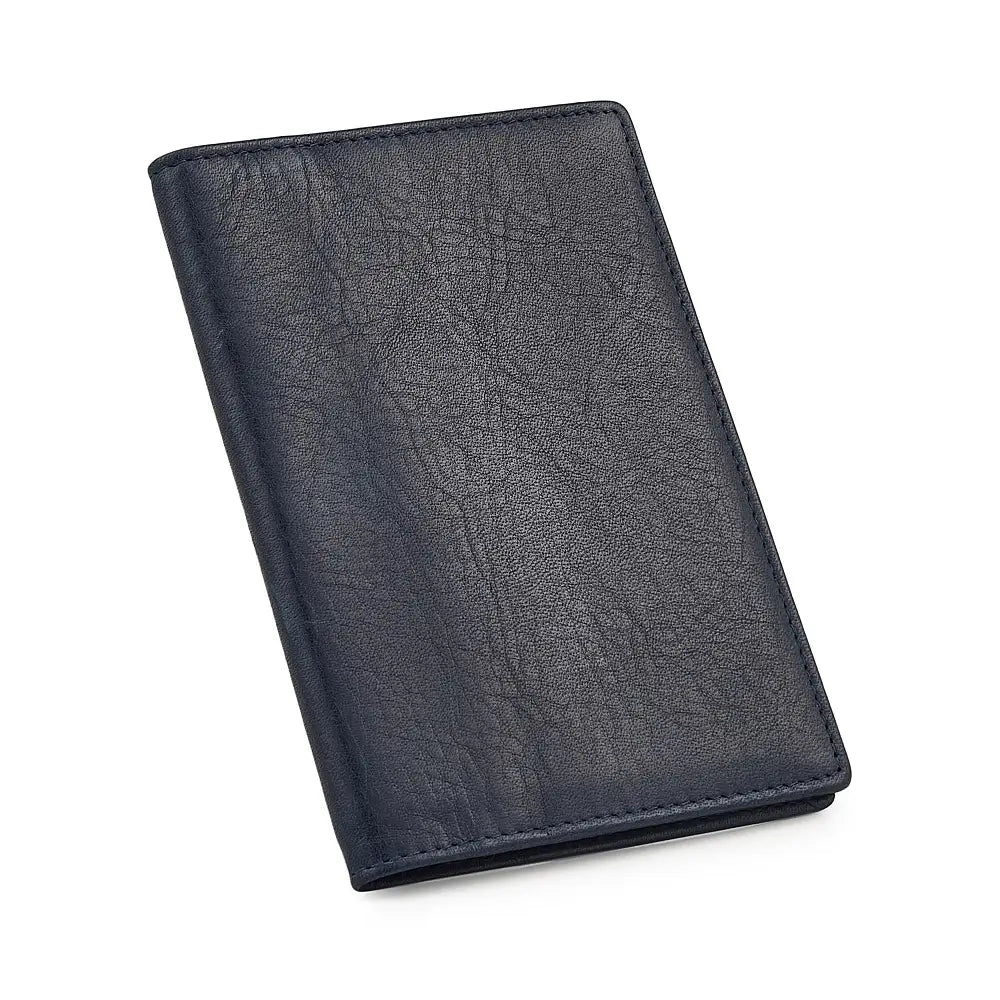 Navy leather passport holder on a white background