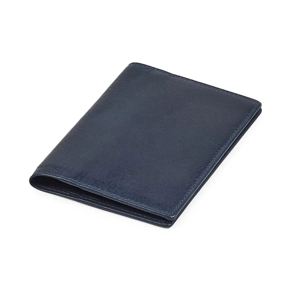 Top view of Navy leather passport holder on a white background