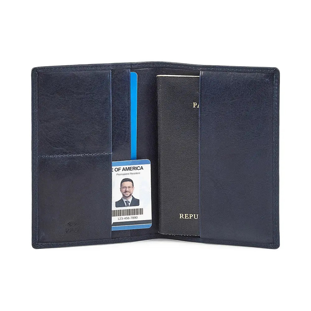 Open view of Navy leather passport holder on a white background
