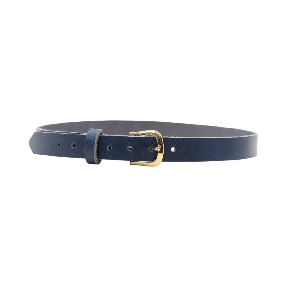 Full width view of Navy belt with a gold buckle on a white background