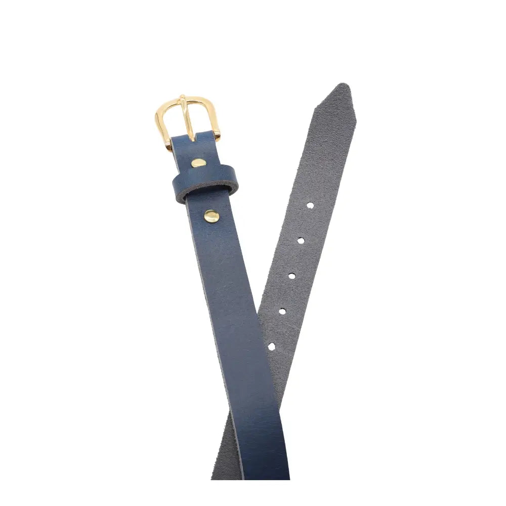 Top angle view of Navy leather belt with gold buckle on a white background