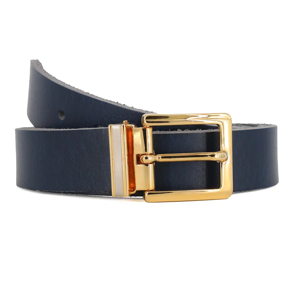 Front view of Navy belt with a gold buckle on a white background