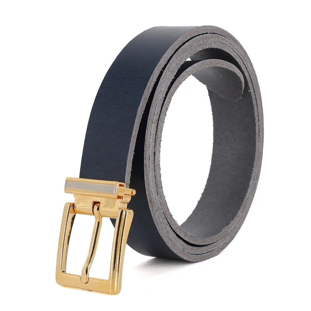 Navy leather belt with a gold buckle on a white background