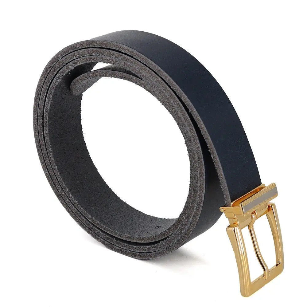 Navy belt with a gold buckle on a white background