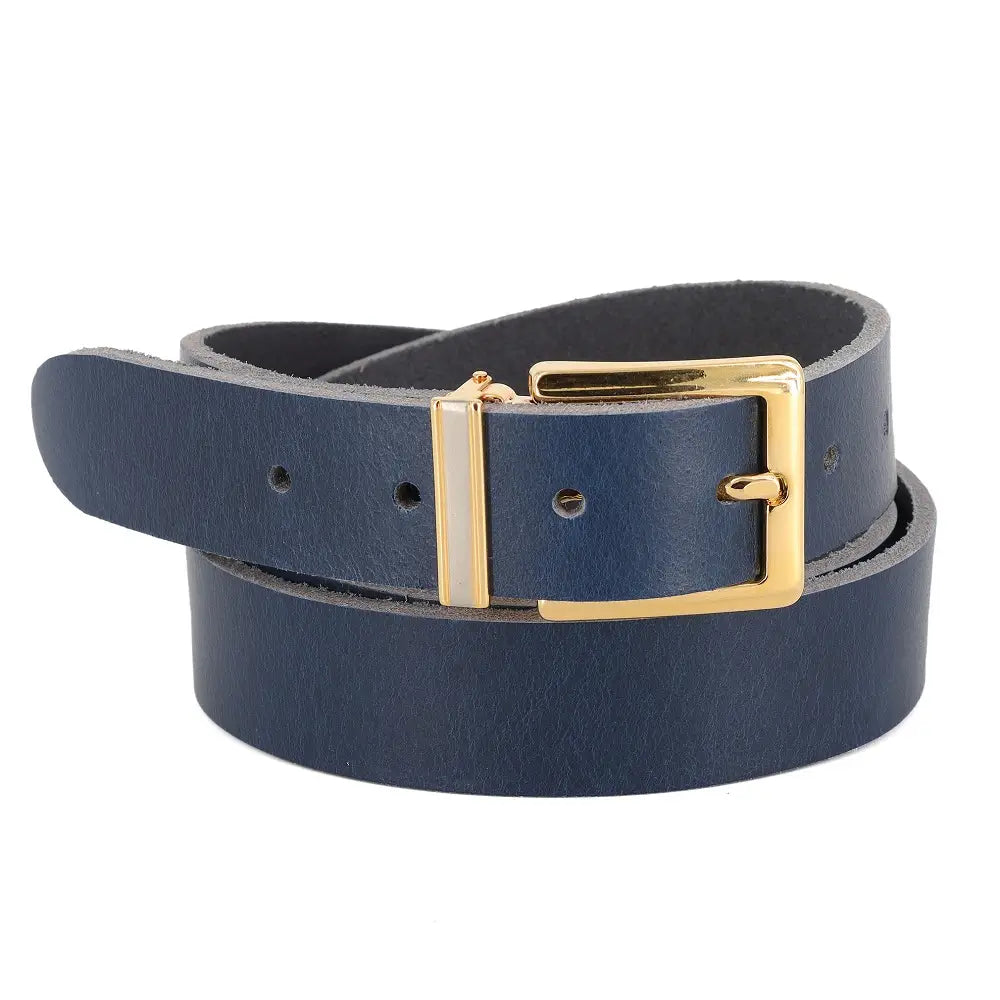 Navy leather belt with a gold buckle on a white background